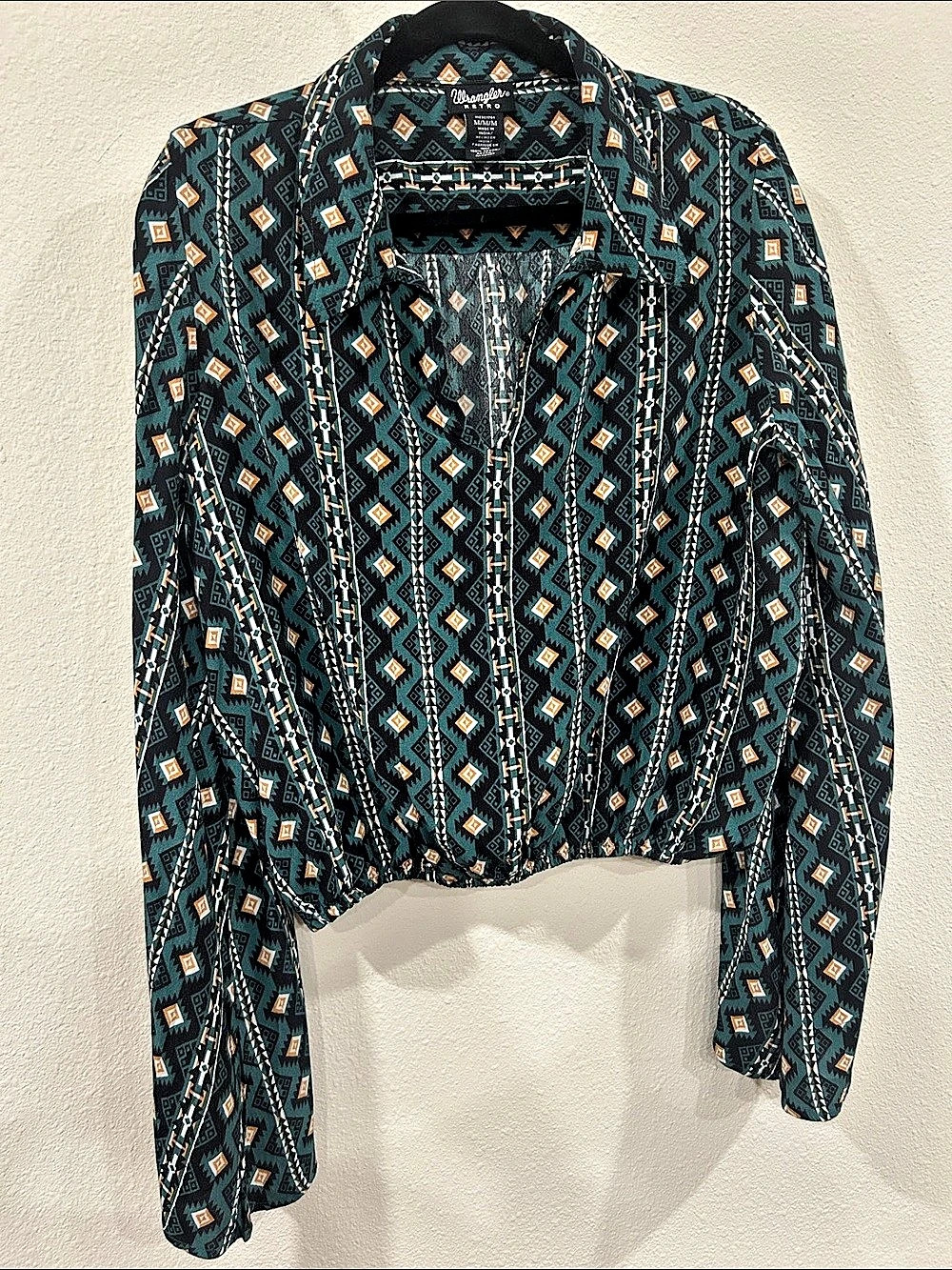 Wrangler Retro Geometric Rayon Blouse in Green & White Size Medium